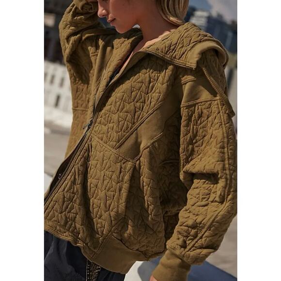 Free People FP Movement All Your Love Quilted Zip Front Hoodie Olive Green M - Picture 1 of 8
